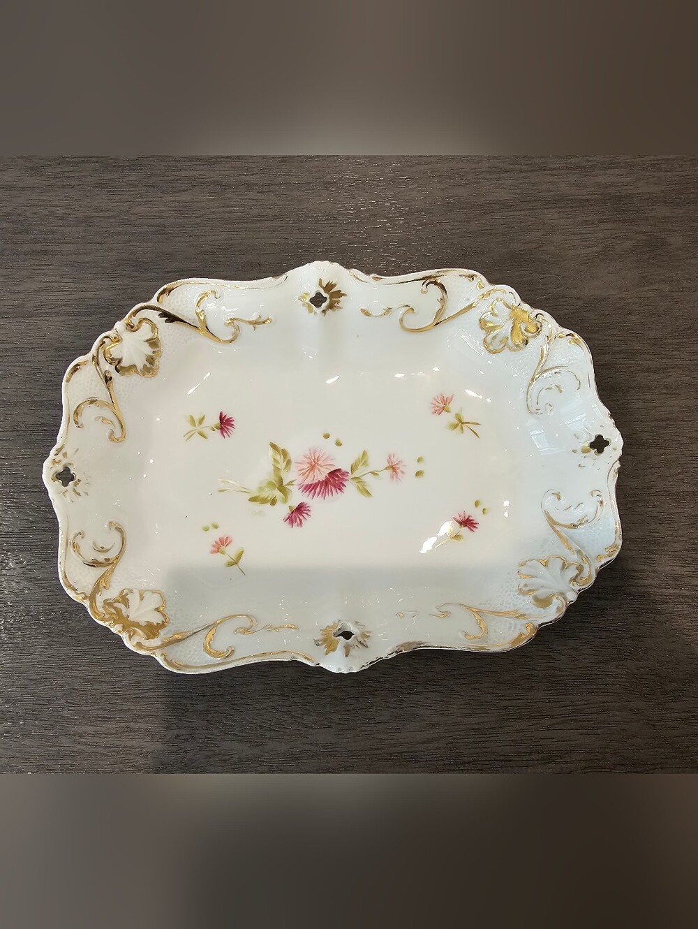 Rare Delicate White Porcelain Serving Dish with Pink Floral and Gold Trim